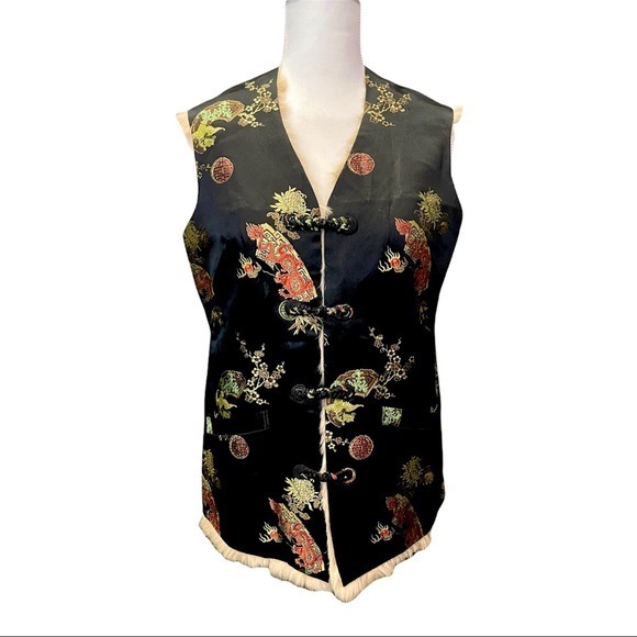 Chinese Silk & Genuine Fur‎ Reversible Vest Sweater/ Jacket - Traditional Print - Picture 3 of 14